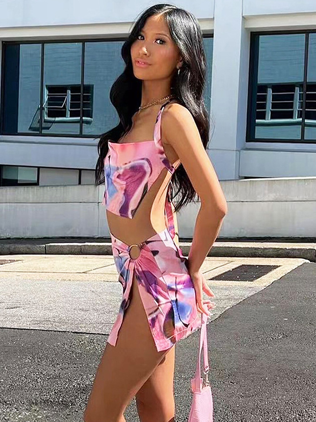 

LULU & SKY Abstract Printed Halter Neck Top & Skirt, Pink