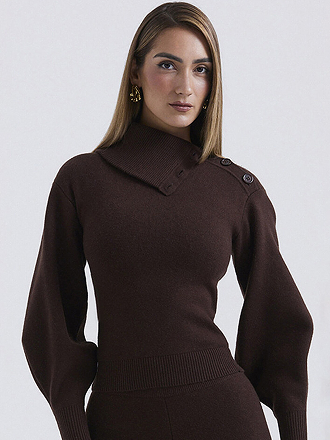 

LULU & SKY High Neck Long Sleeves Top With Trousers, Brown