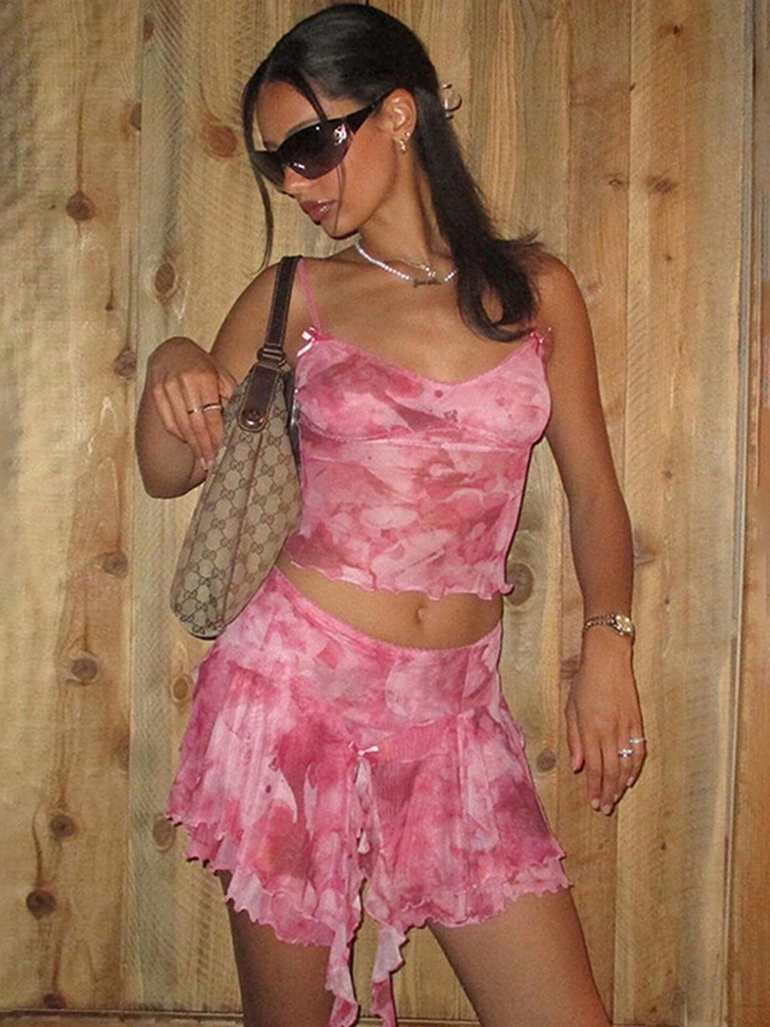

LULU & SKY Abstract Printed Shoulder Strap Top With Skirt, Pink