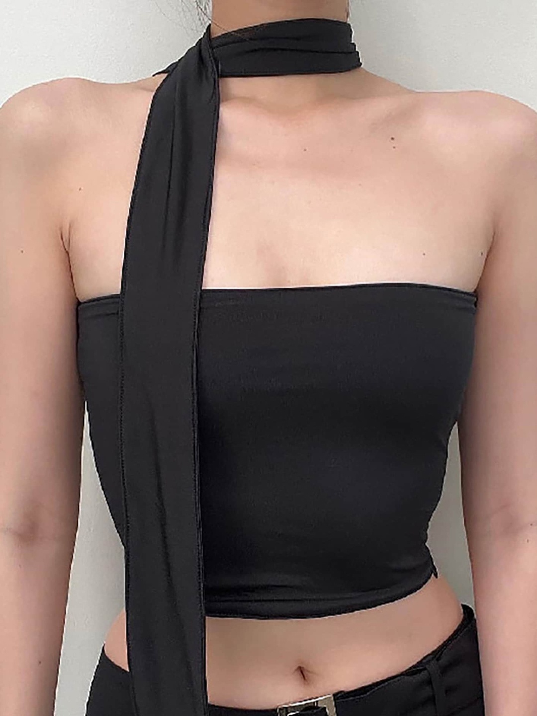 

LULU & SKY One Shoulder Fitted Crop Top, Black