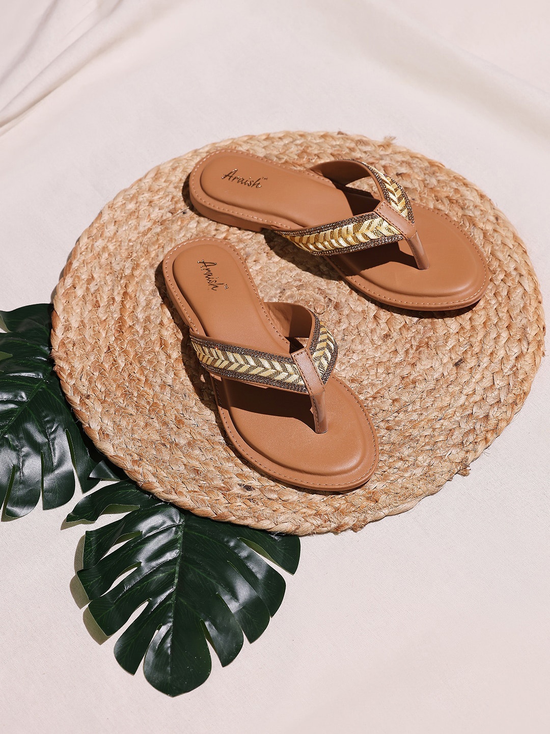 

ARAISH Embroidered T-Strap Flats, Beige