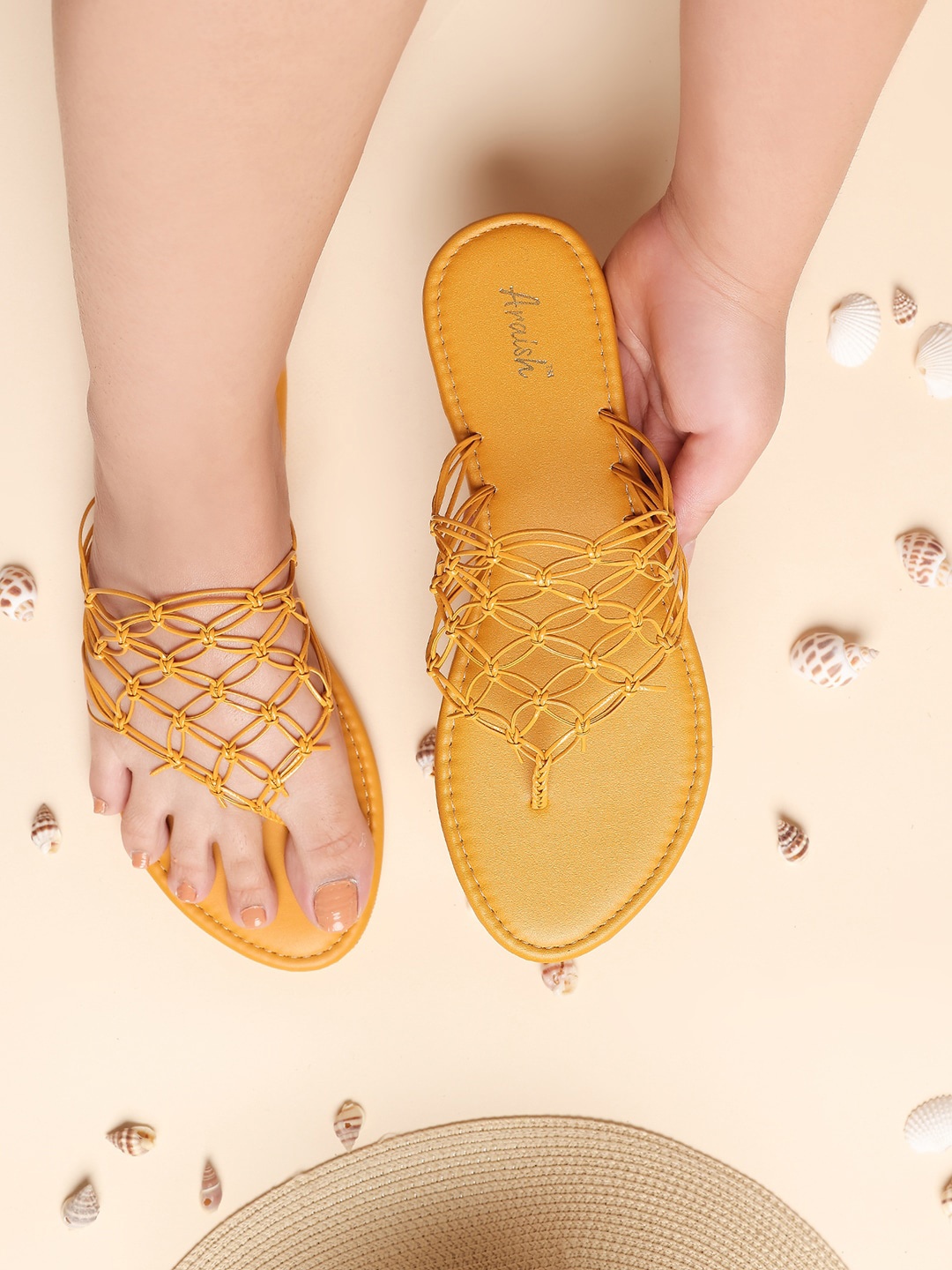 

ARAISH Strappy Open Toe Flats, Yellow