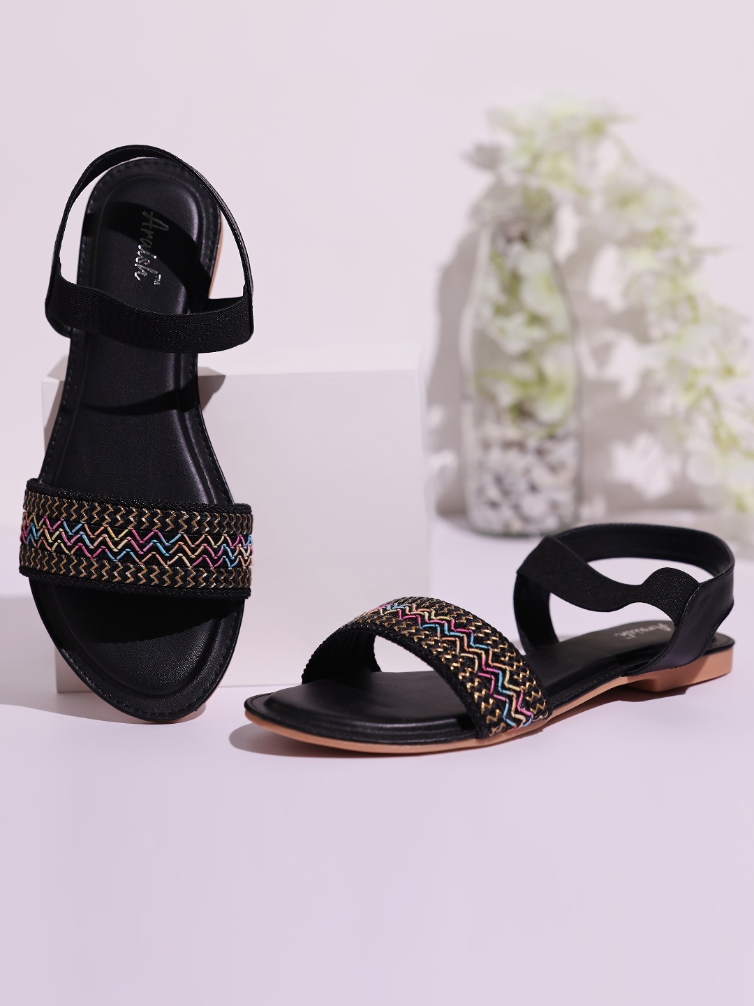 

ARAISH Embroidered Open Toe Flats, Black