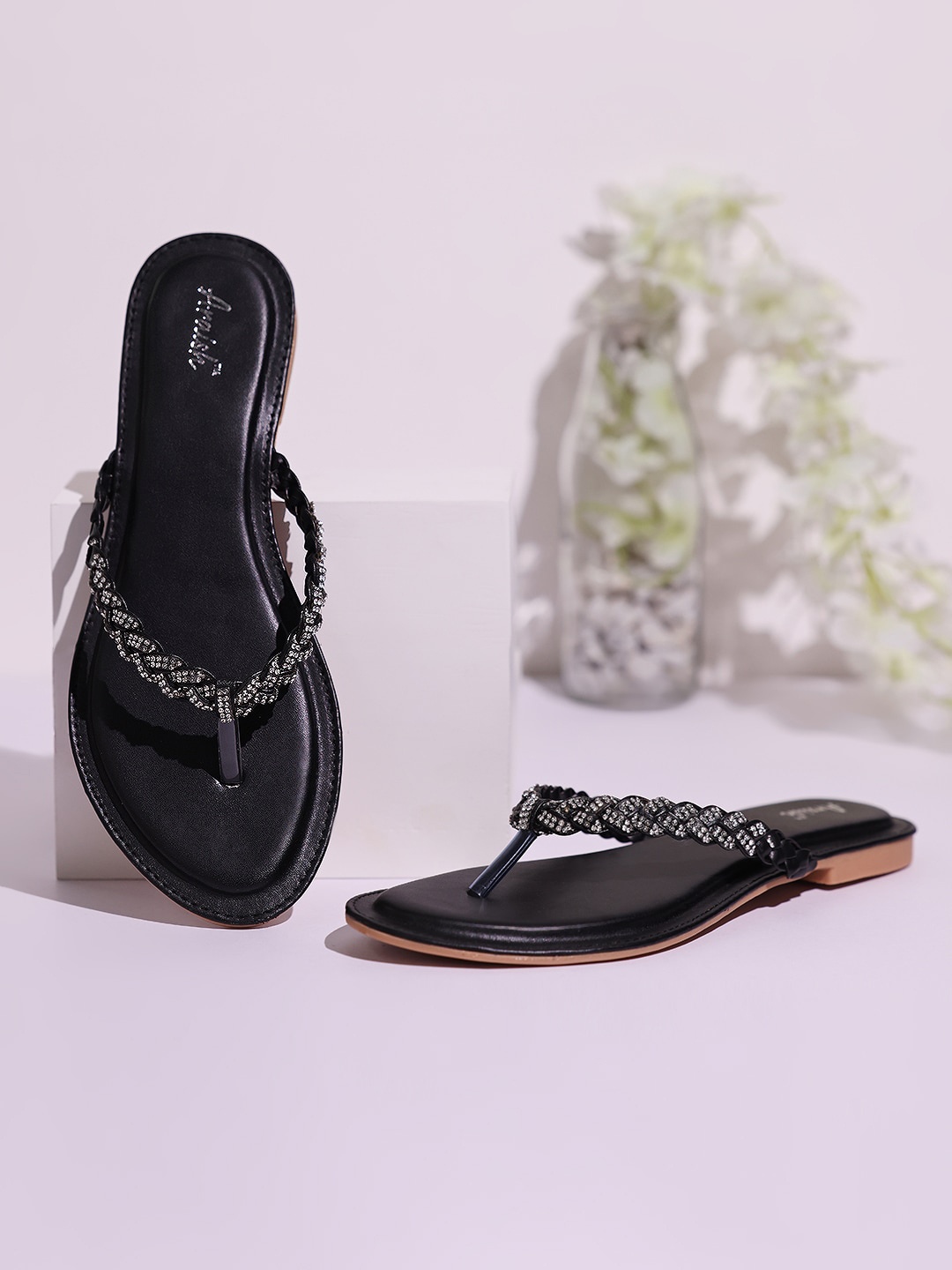 

ARAISH Embellished Opn Toe Flats, Black