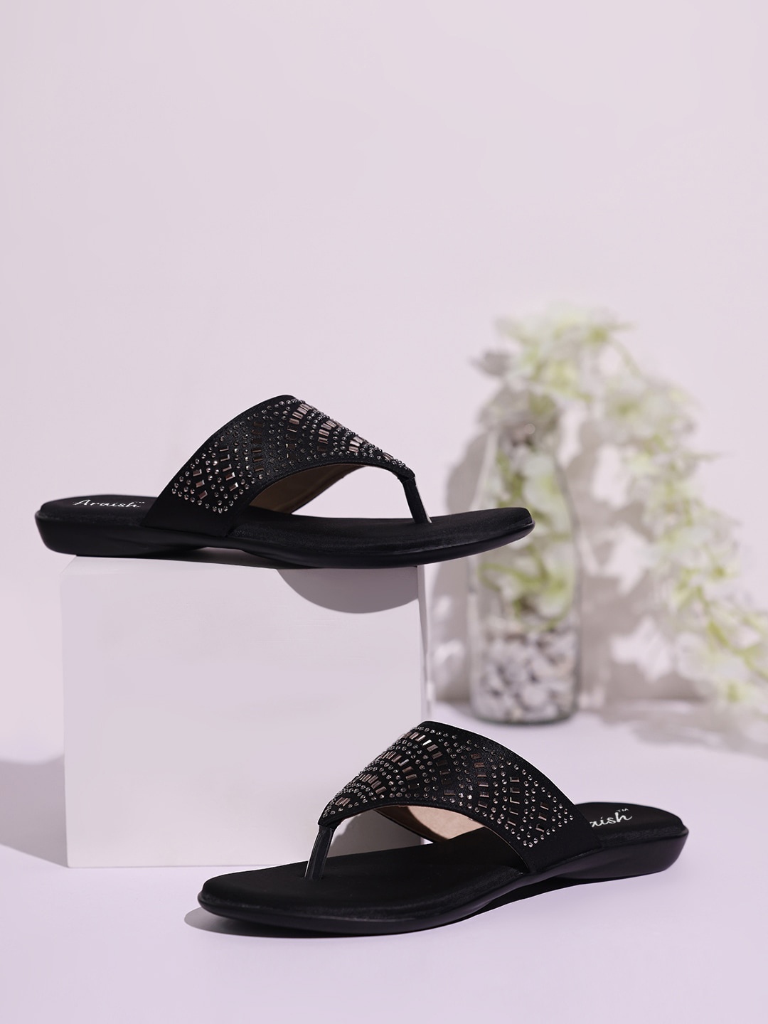 

ARAISH Embellished Open Toe Flats, Black