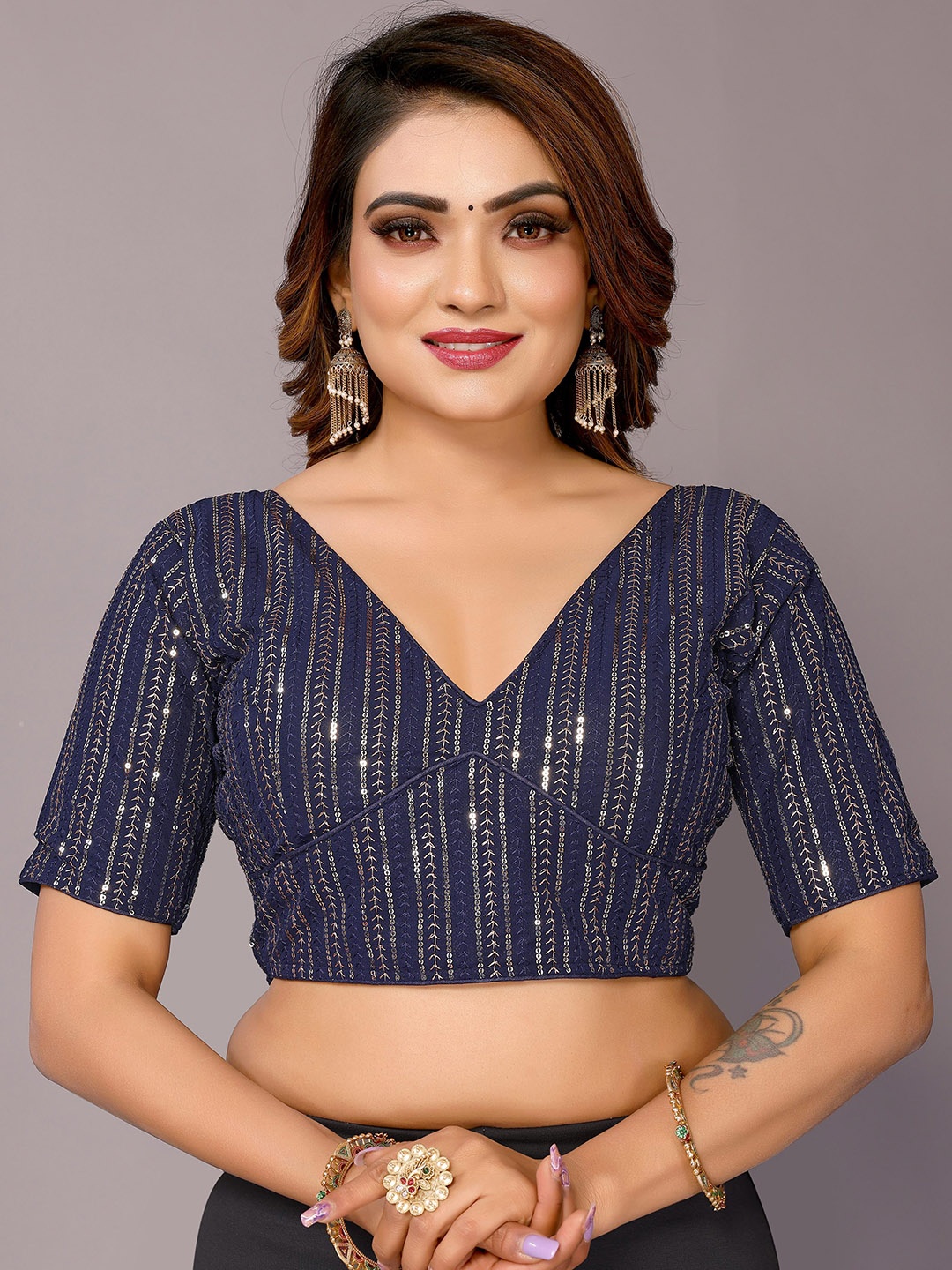 

AVANSHEE Embroidered Sequined Saree Blouse, Navy blue
