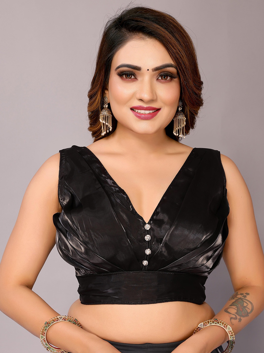 

AVANSHEE V-Neck Silk Saree Blouse, Black