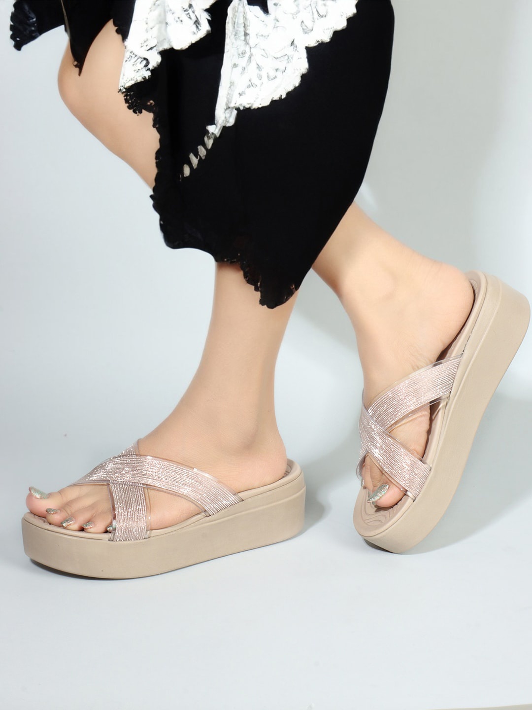 

ELLE Textured Open Toe Flatform Heels, Rose gold