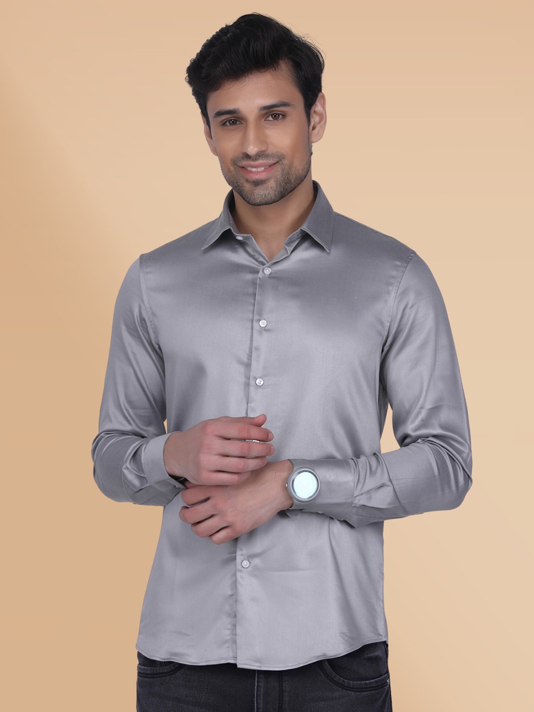 

Berkshire Smart Slim Fit Long Sleeves Satin Casual Shirt, Grey