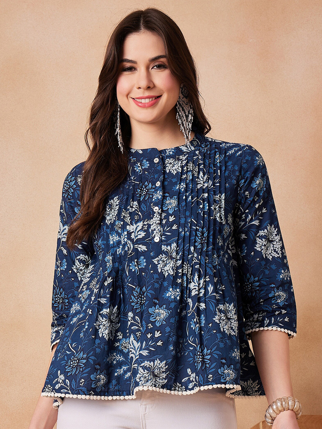

InWeave Floral Printed Cotton A-Line Top, Blue