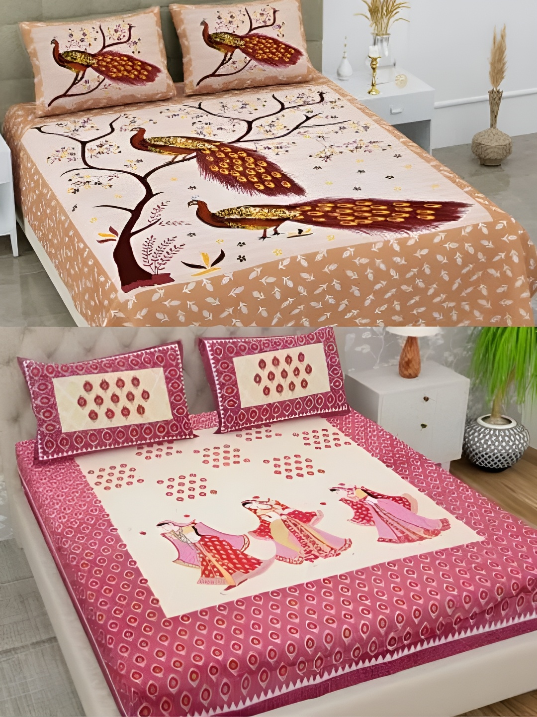 

Runjhun Pink 2 Pcs 144 TC Cotton Queen Bedsheet with 4 Pillow Covers