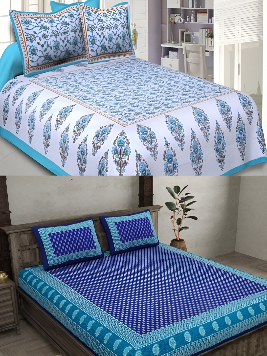 

Runjhun Blue & Green Ethnic Motifs 144 TC 2 Queen Bedsheet with 4 Pillow Covers