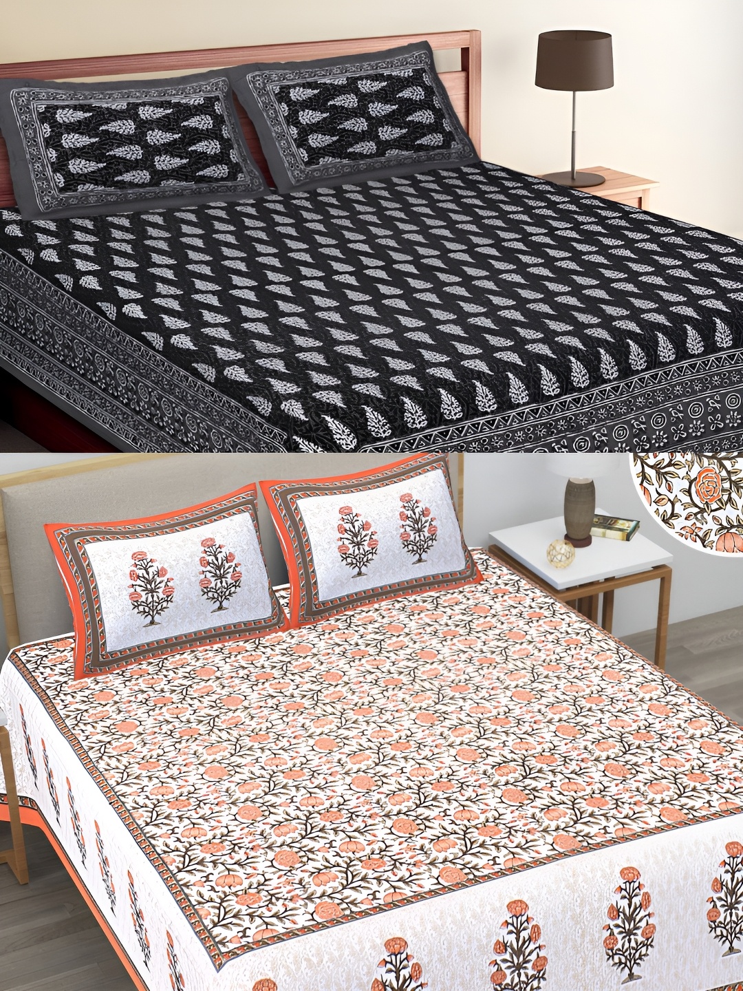 

Runjhun Black & White Ethnic Motifs 144 TC 2 Queen Bedsheet with 4 Pillow Covers