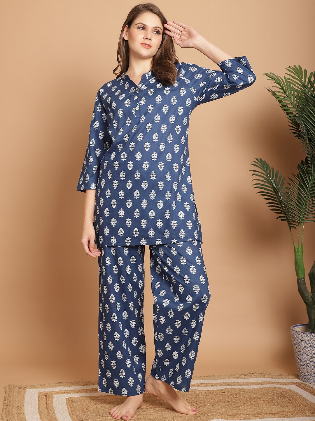 

Indreams Floral Printed Pure Cotton Night Suit, Blue