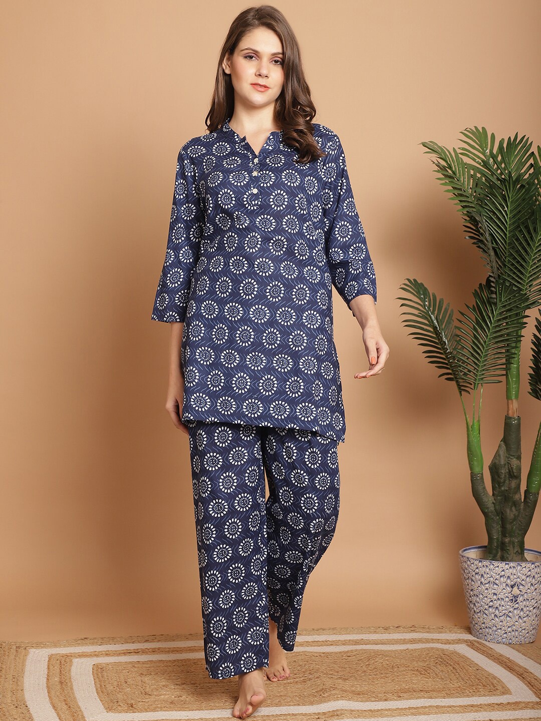 

Indreams Ethnic Motifs Printed Pure Cotton Night suit, Blue