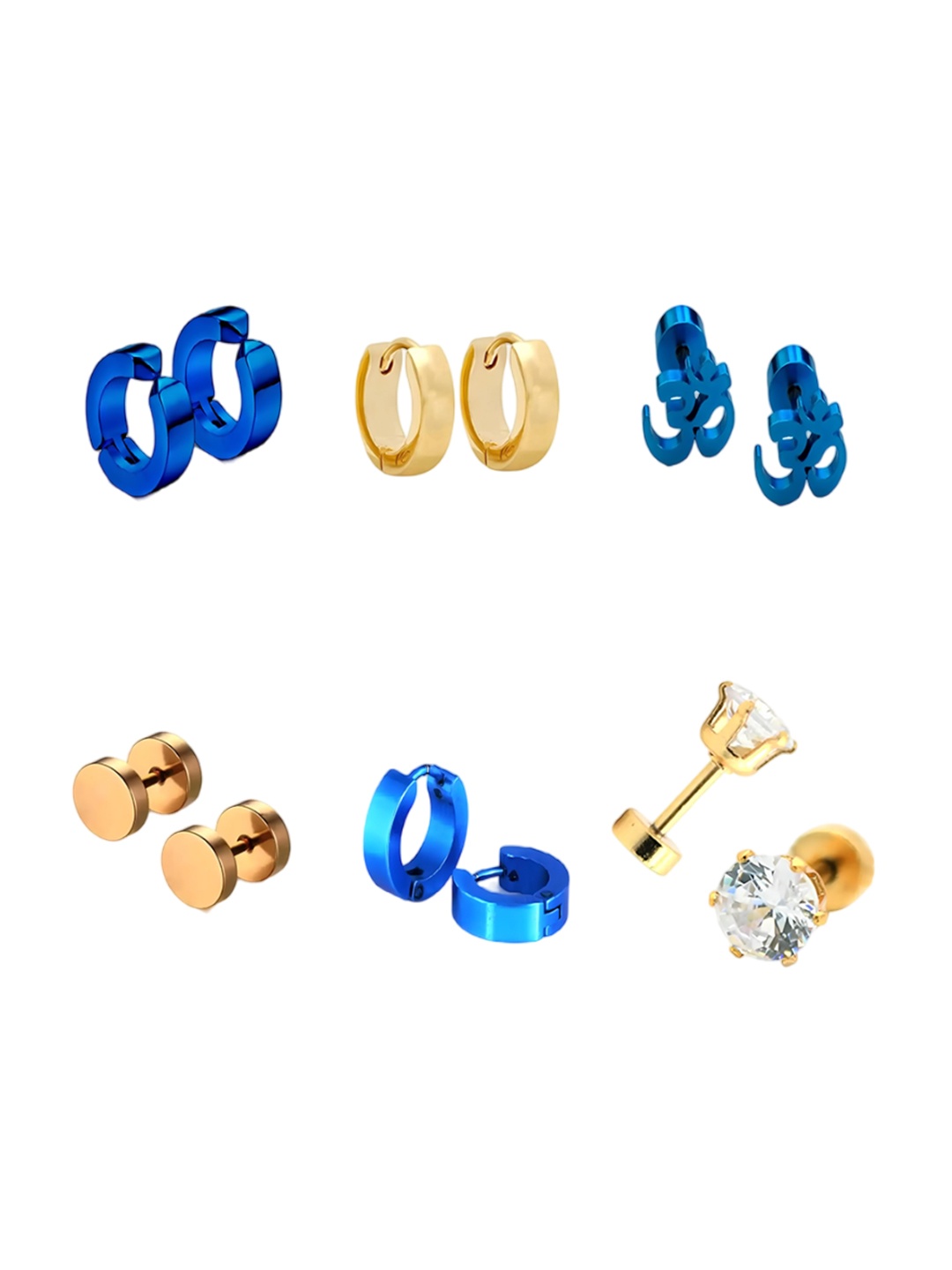 

KARISHMA KREATIONS Set Of 6 Gold Plated Cubic Zirconia Contemporary Studs, Blue