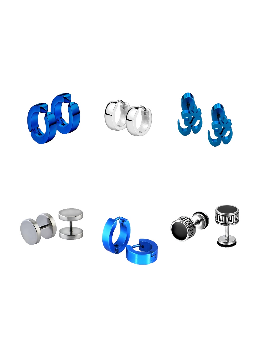 

KARISHMA KREATIONS Set Of 6 Silver-Plated Contemporary Dumbells Stud & Hoop Earrings, Blue