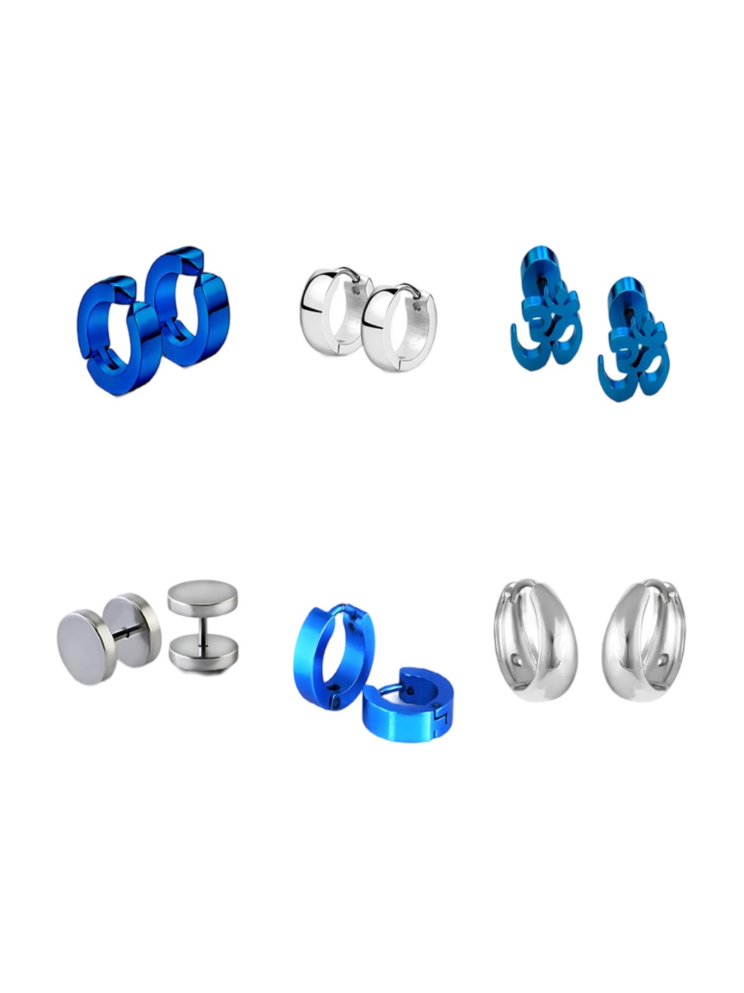

KARISHMA KREATIONS Set Of 6 Silver-Plated Contemporary Dumbells Stud & Hoop Earrings, Blue