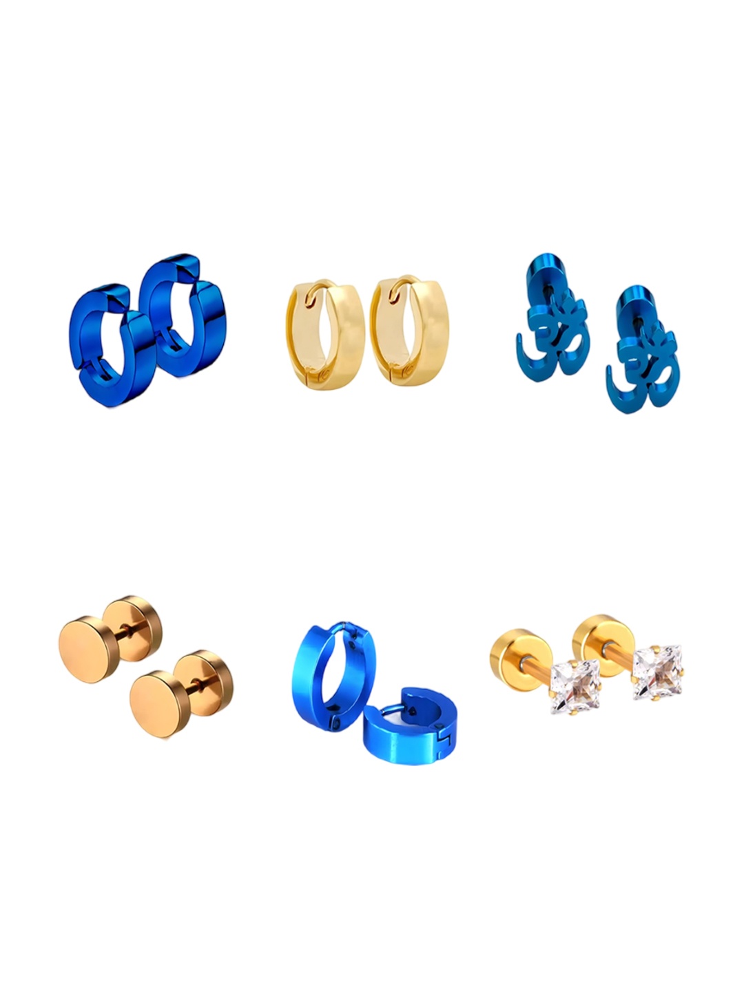 

KARISHMA KREATIONS Men Set Of 6 Gold-Plated Stainless Steel CZ Contemporary Stud Earrings