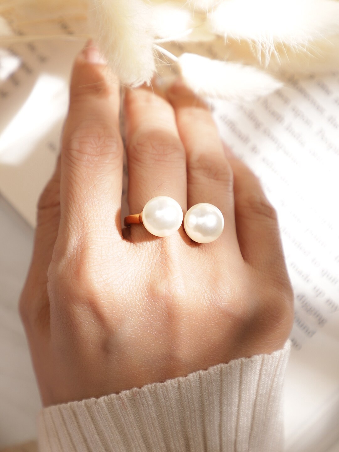 

Rubans Voguish 18K Gold Plated Stainless Steel Tarnish Free Waterproof Pearl Open Finger Ring