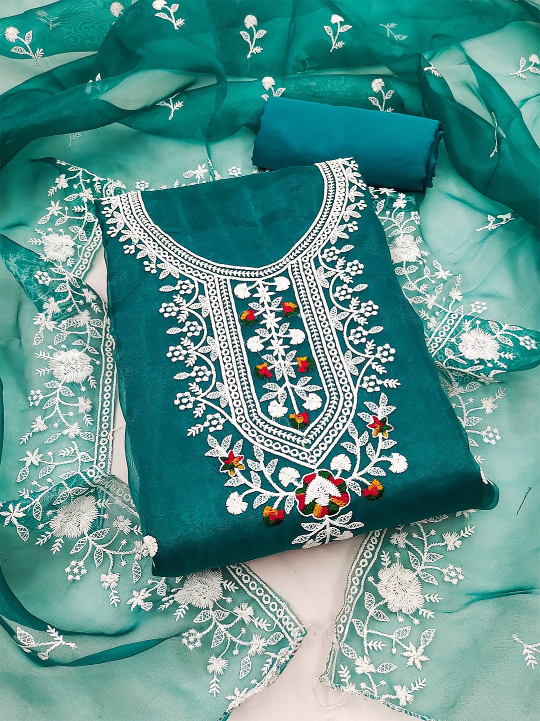 

KALINI Ethnic Motifs Embroidered Organza Unstitched Dress Material, Teal