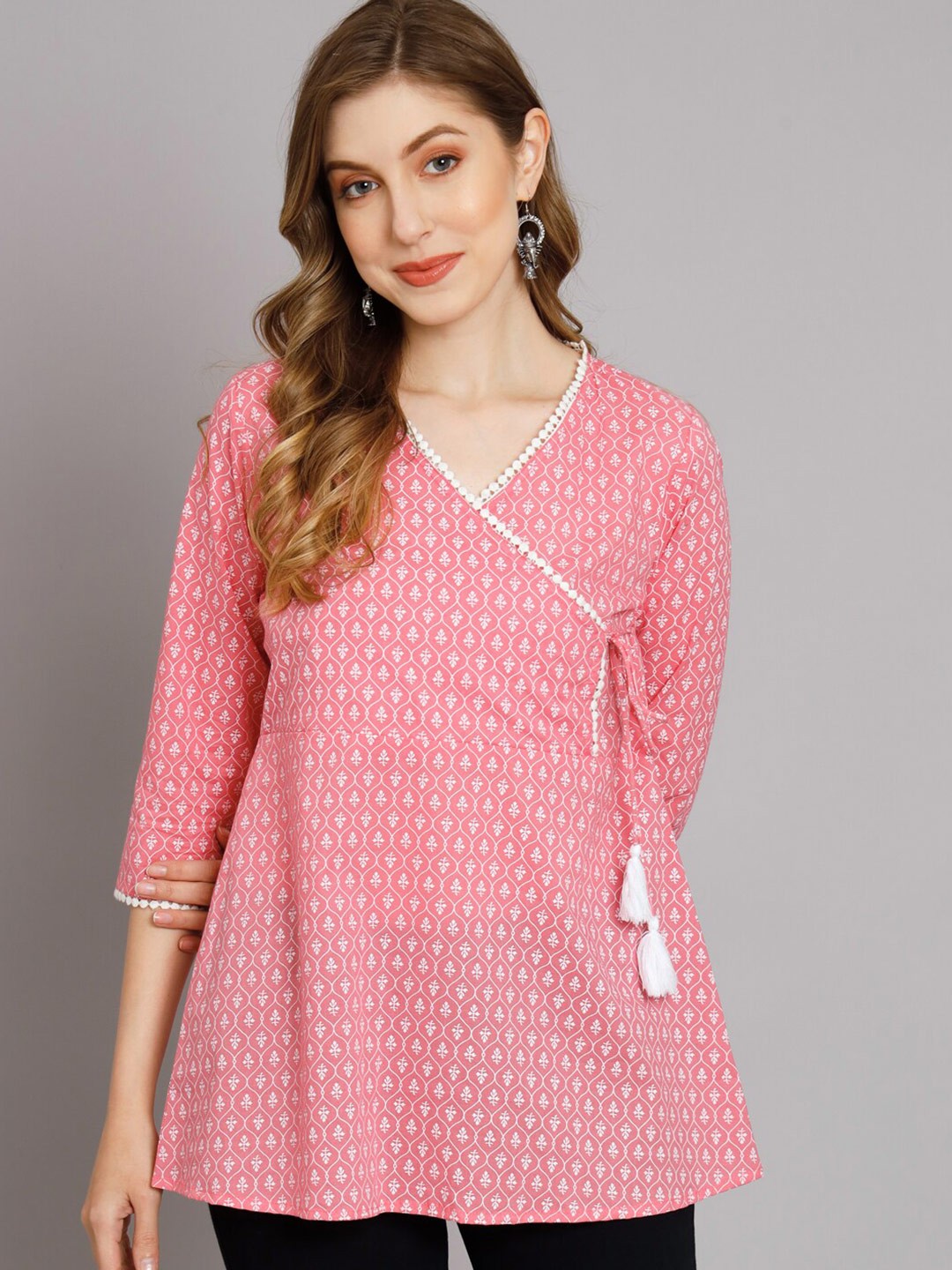 

KALINI Geometric Print Cotton Wrap Top, Pink
