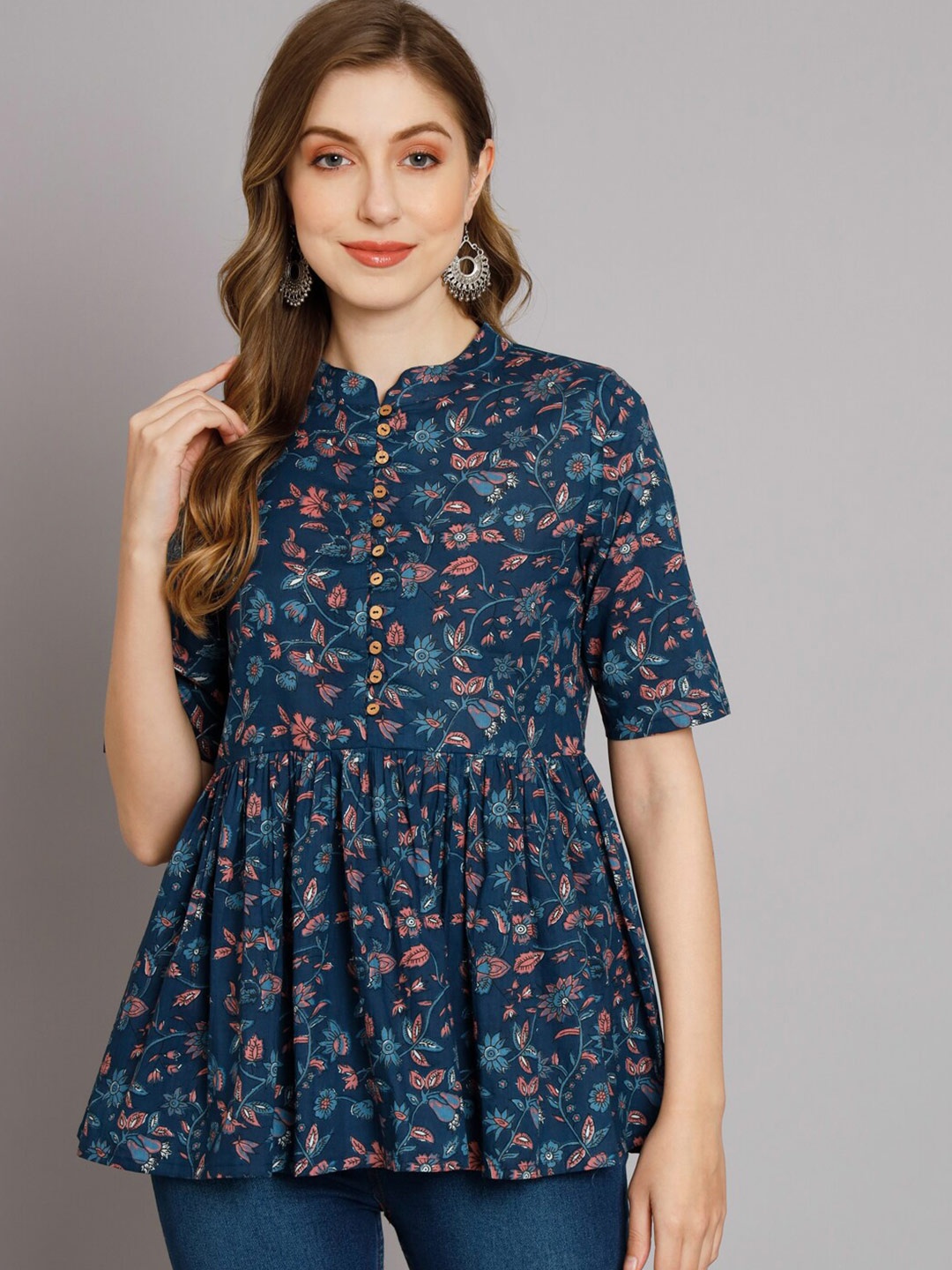 

KALINI Floral Print Mandarin Collar Cotton Top, Blue