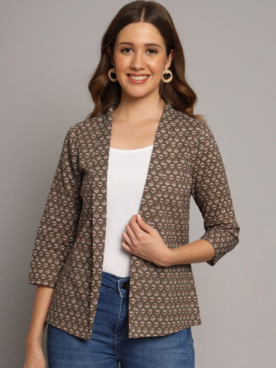

KALINI Floral Printed Cotton Shrug, Grey
