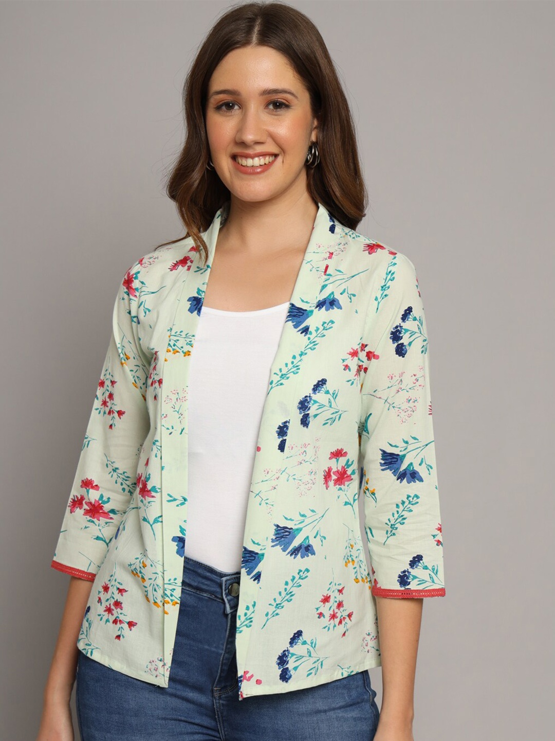 

KALINI Floral Printed Cotton Shrug, Cream