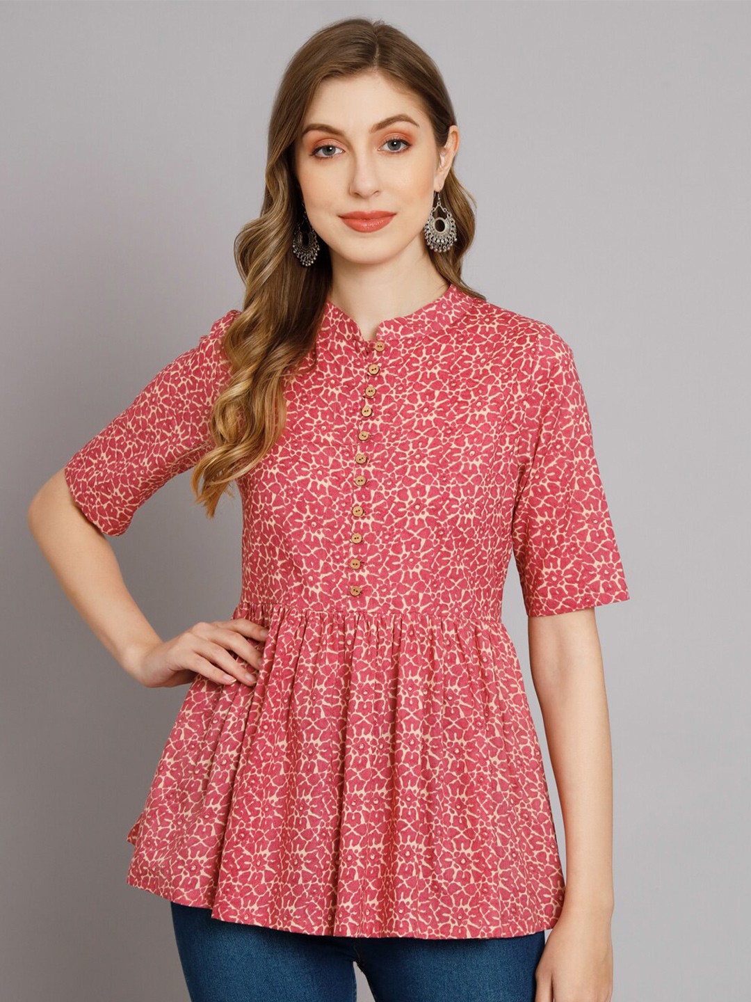 

KALINI Print Mandarin Collar Cotton Top, Magenta