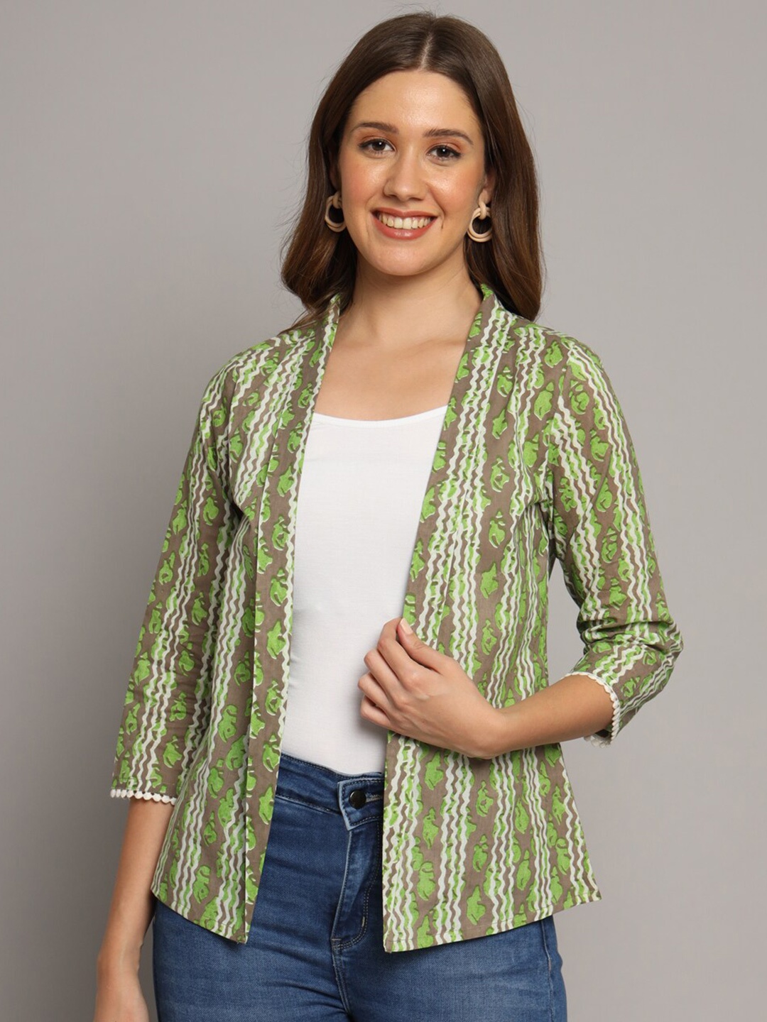 

KALINI Floral Printed Cotton Shrug, Green