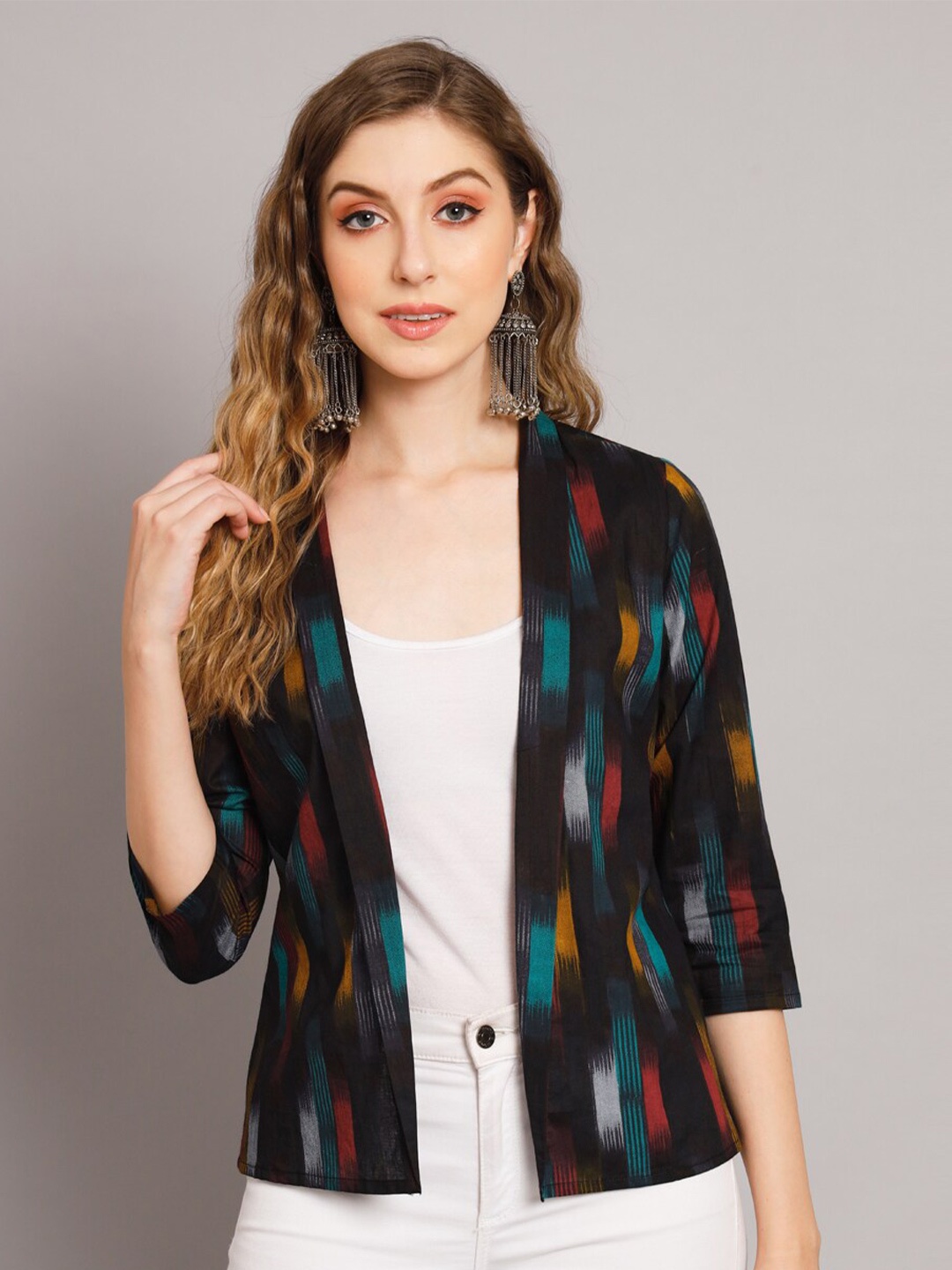 

KALINI Geometric Printed Cotton Shrug, Black