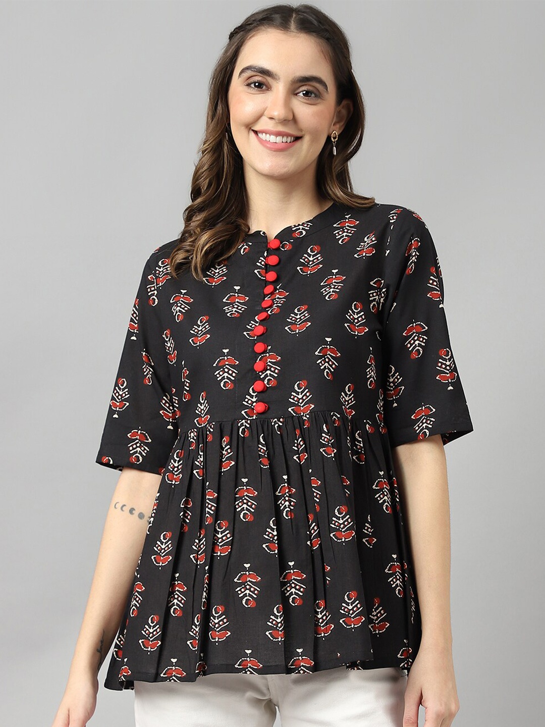 

KALINI Floral Print Mandarin Collar Cotton Top, Black