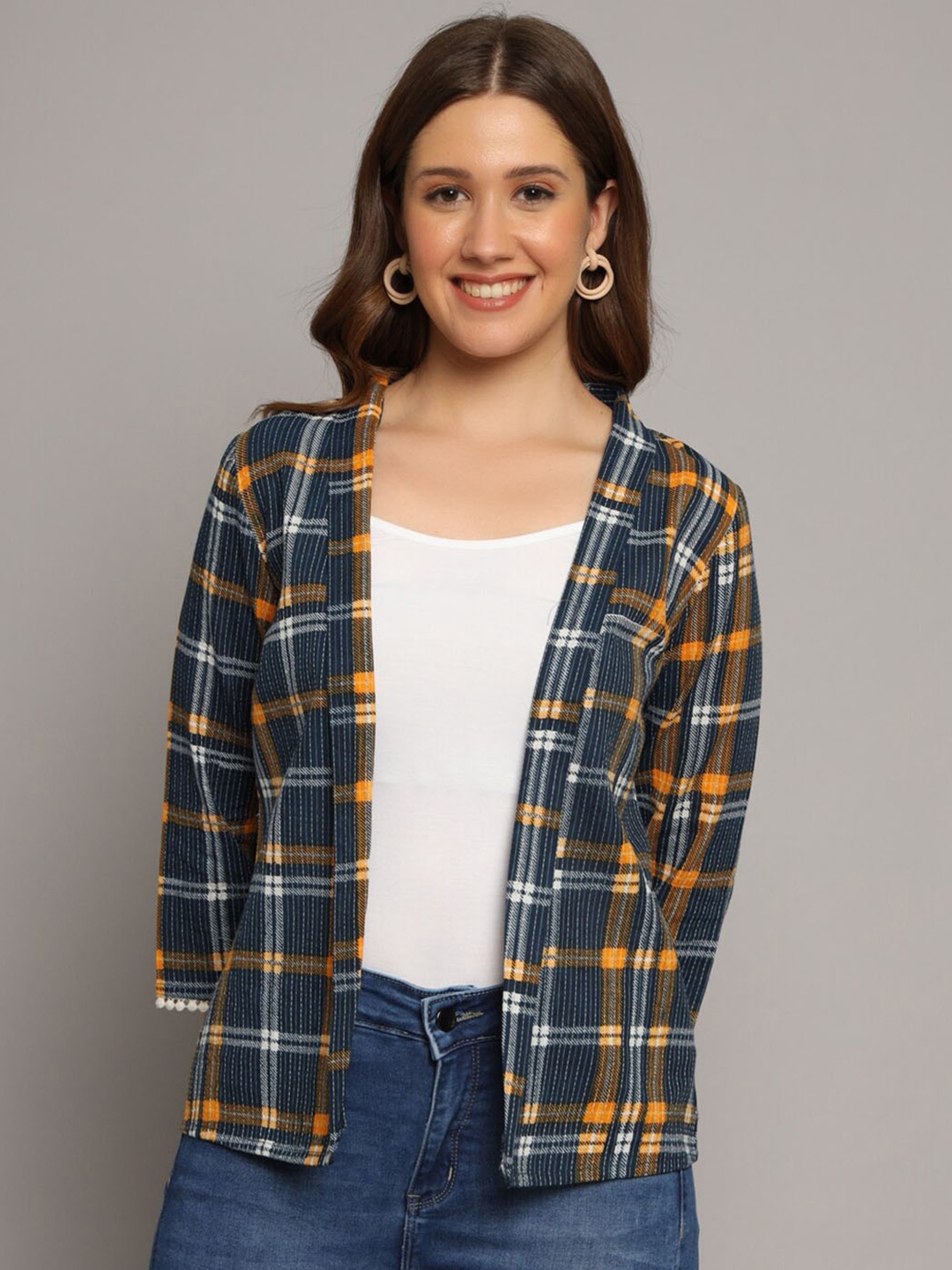 

KALINI Checked Cotton Shrug, Blue