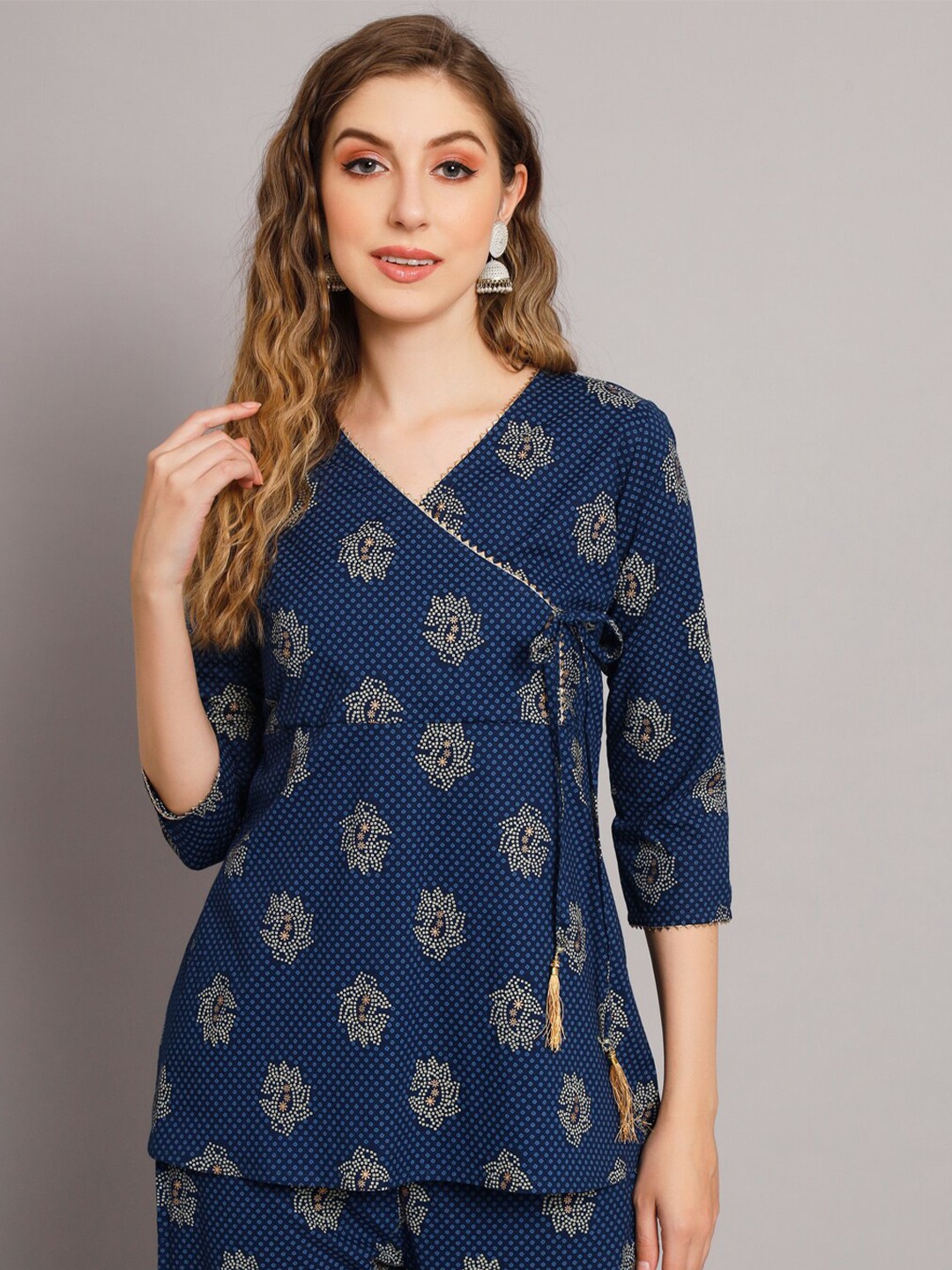 

KALINI Ethnic Motifs Printed Tie-Ups Cotton Wrap Top, Blue
