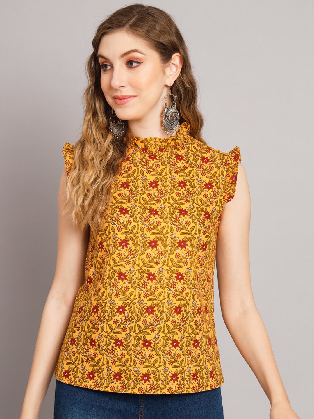 

KALINI Floral Print Flutter Sleeve Cotton Top, Mustard