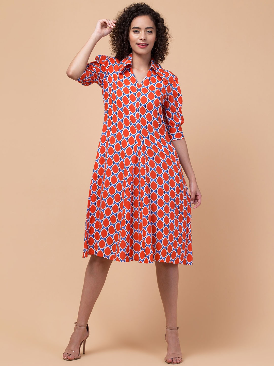 

Hive91 Ethnic Motifs Printed Shirt Collar A-Line Dress, Orange