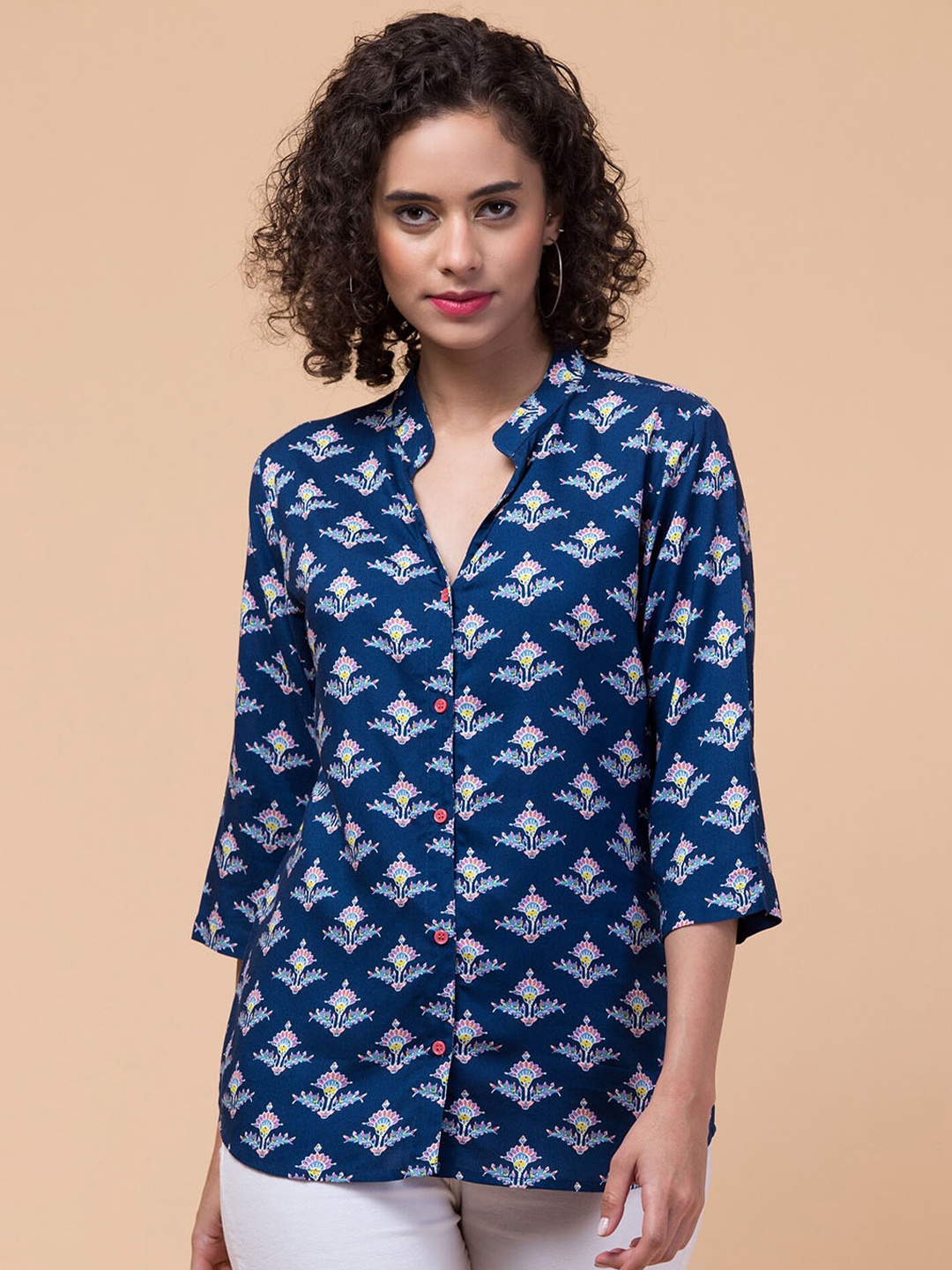 

Hive91 Ethnic Motifs Printed Mandarin Collar Shirt Style Top, Blue