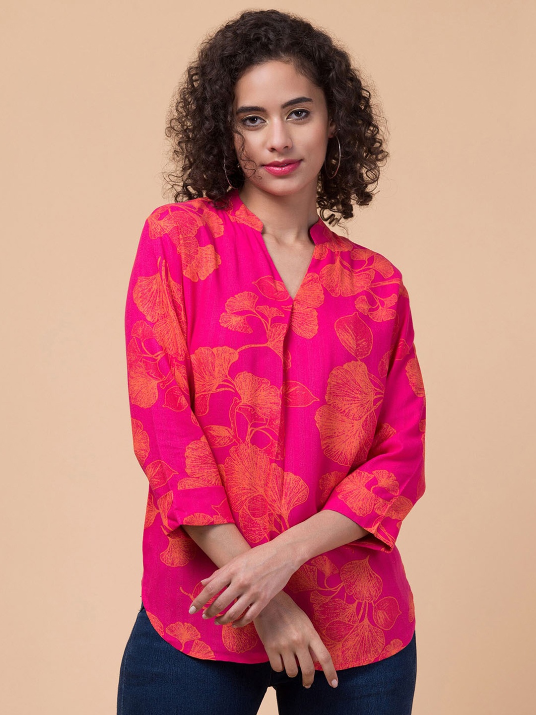 

Hive91 Floral Printed Mandarin Collar Cotton Shirt Style Top, Pink