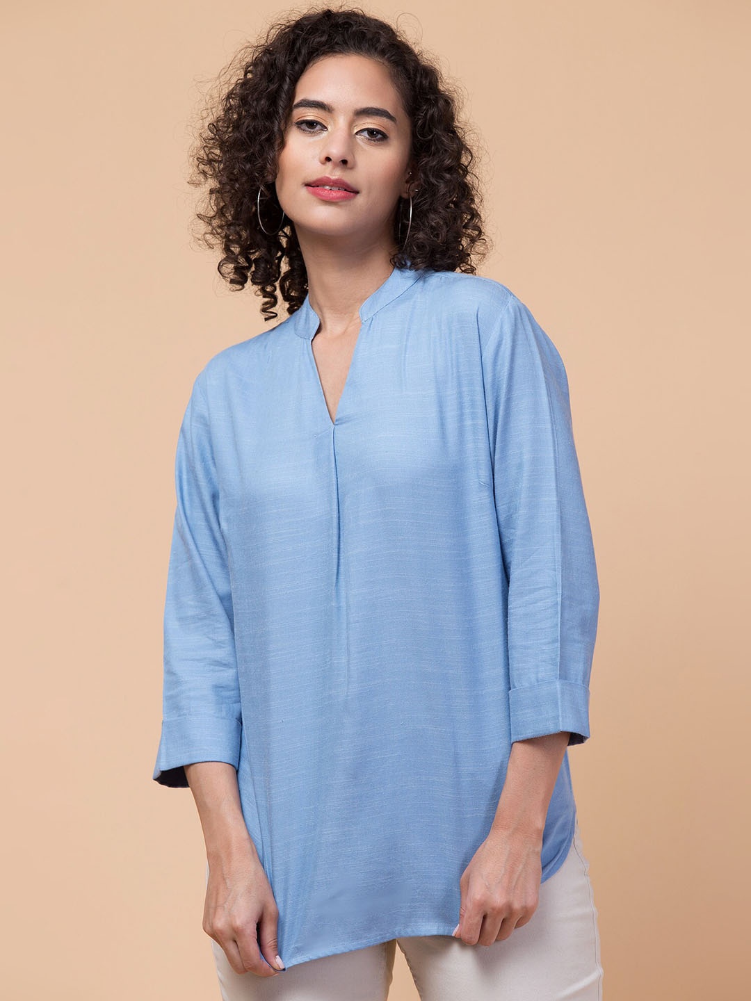 

Hive91 Mandarin Collar Shirt Style Casual Top, Blue