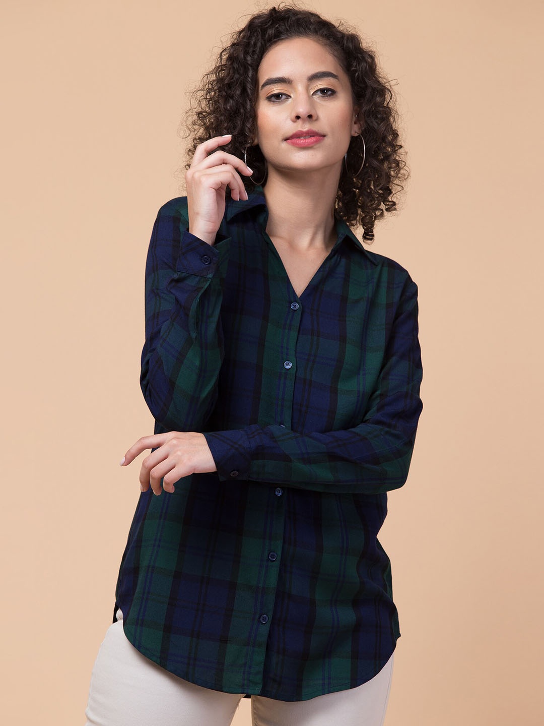 

Hive91 Standard Tartan Checked Spread Collar Casual Shirt, Green