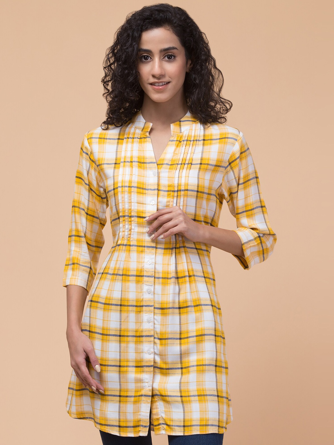 

Hive91 Checked Mandarin Collar Tunic, Yellow