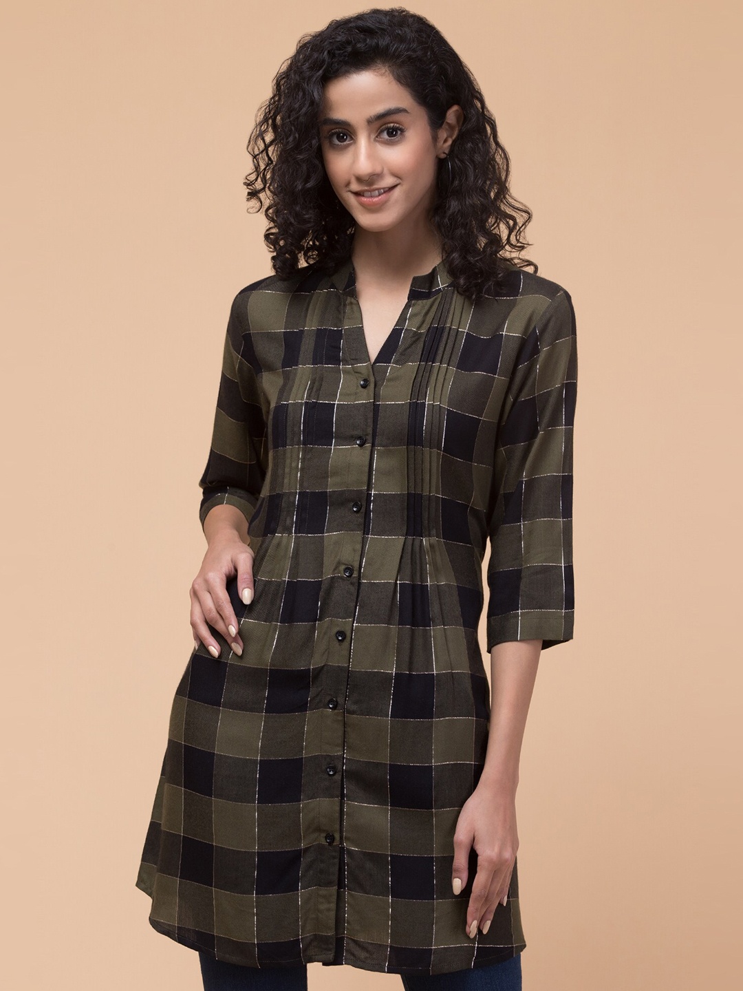 

Hive91 Checked Mandarin Collar Tunic, Green