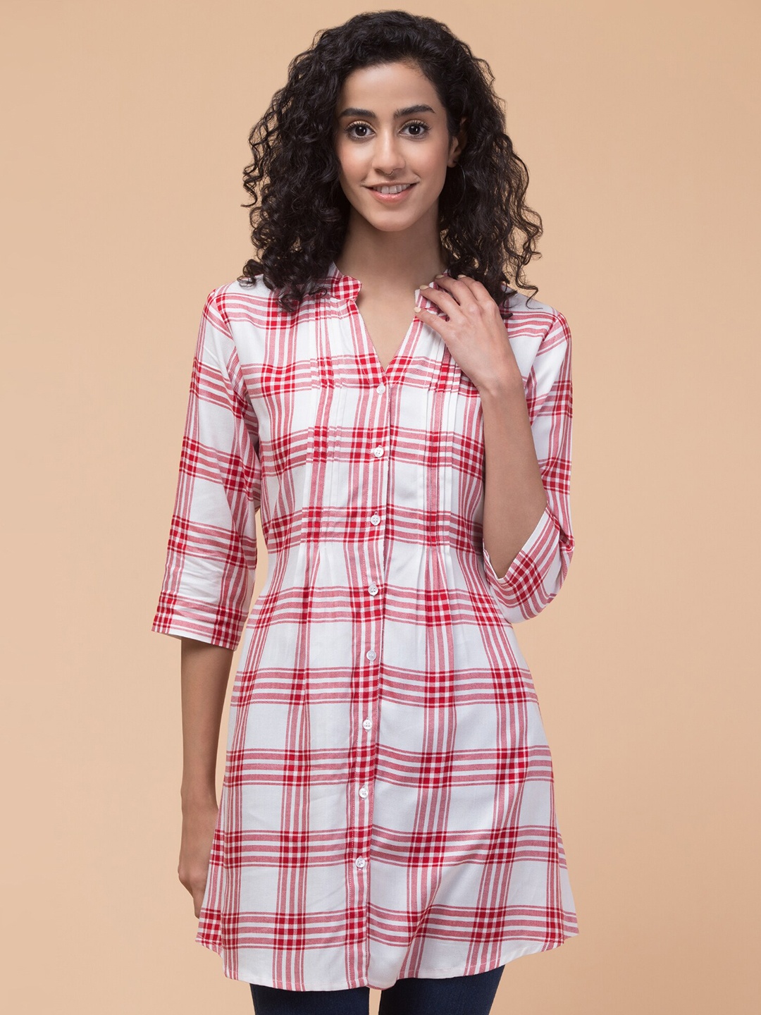 

Hive91 Checked Mandarin Collar Tunic, Red