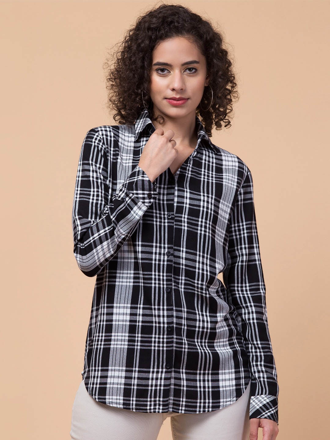 

Hive91 Standard Tartan Checked Spread Collar Casual Shirt, Black