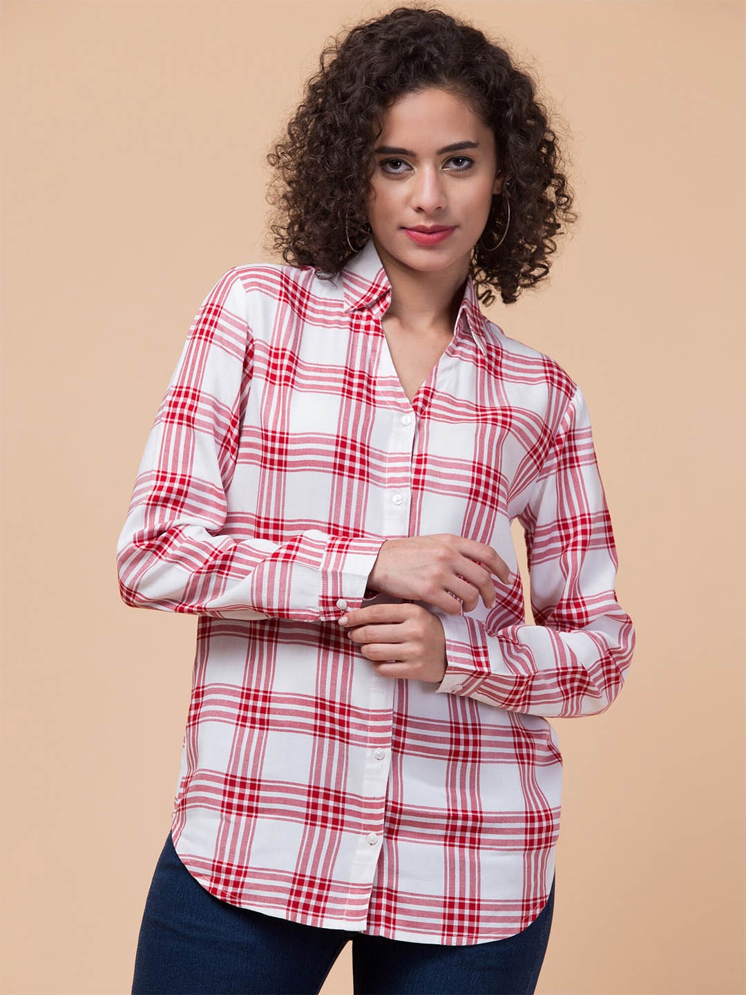 

Hive91 Standard Tartan Checked Spread Collar Casual Shirt, Red
