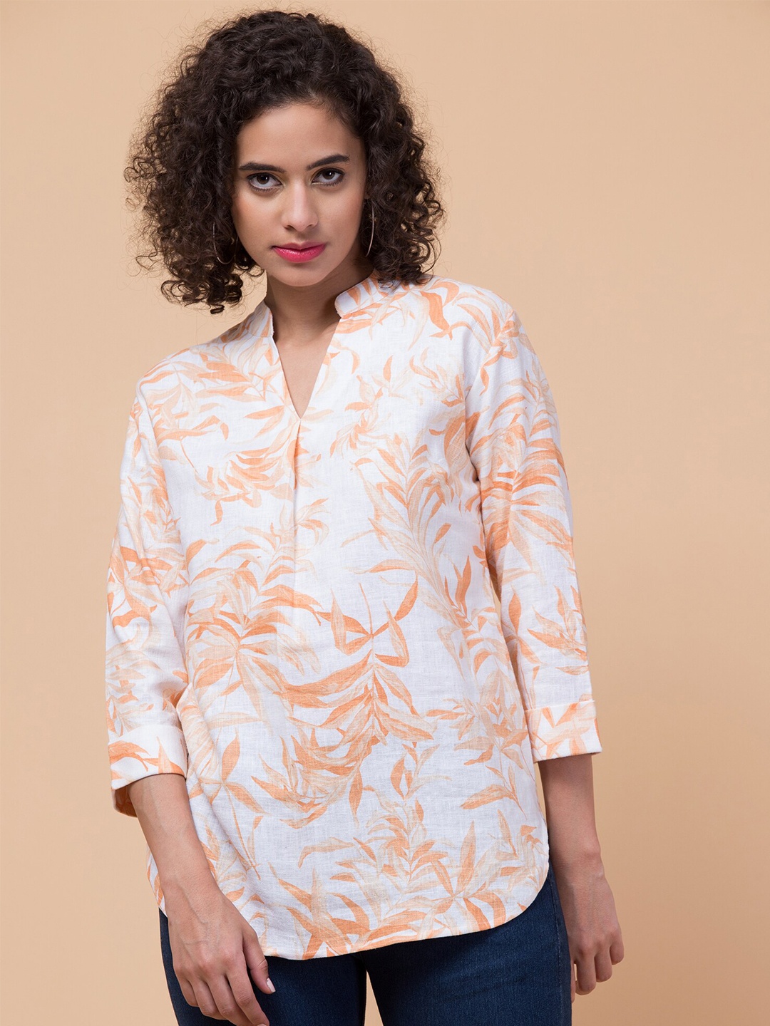 

Hive91 Floral Printed Mandarin Collar Cotton Shirt Style Top, White