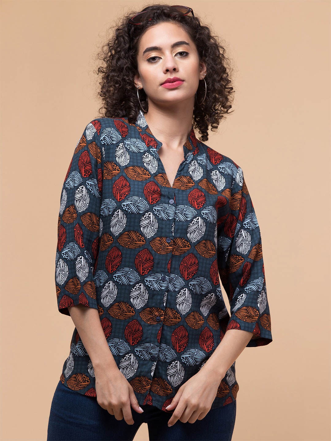 

Hive91 Floral Printed Mandarin Collar Casual Top, Blue