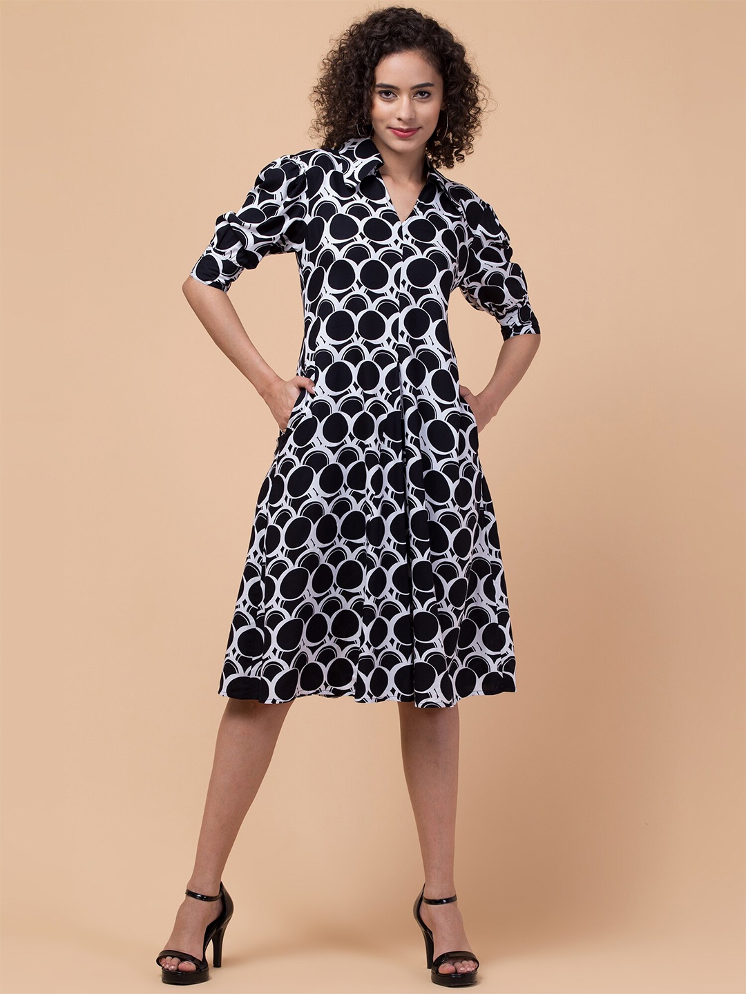 

Hive91 Geometric Printed Shirt Collar Fit & Flare Dress, Black