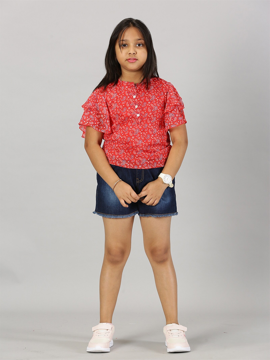 

KiddoPanti Girls Printed Top with Denim Shorts, Red